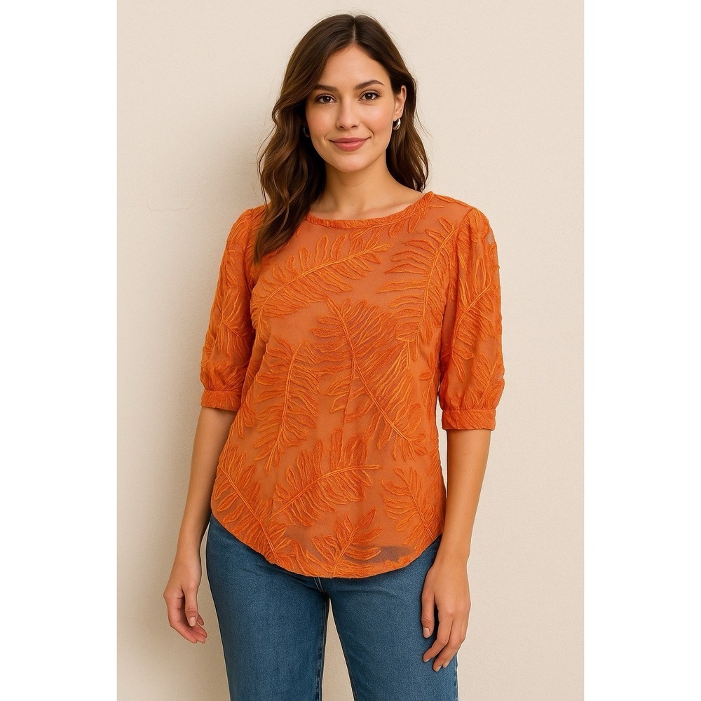 Kim & Cami‎ S Coral Mesh Leaf Embroidered Puff Sleeve Sheer Blouse